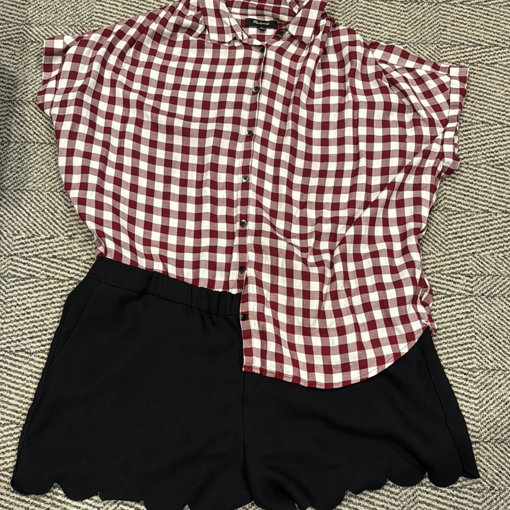Red and White Checkered Blouse with Black Shorts